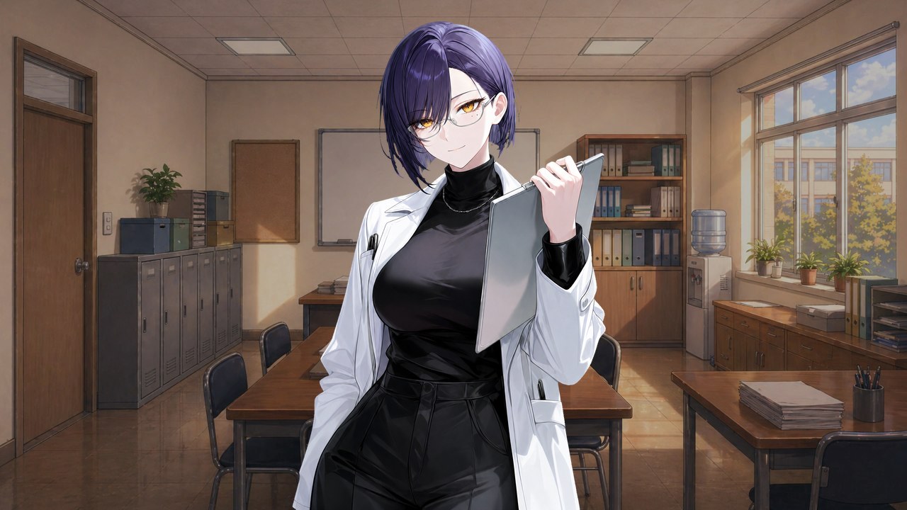 Nevergrad character-focused screenshot of Riin in the student council room