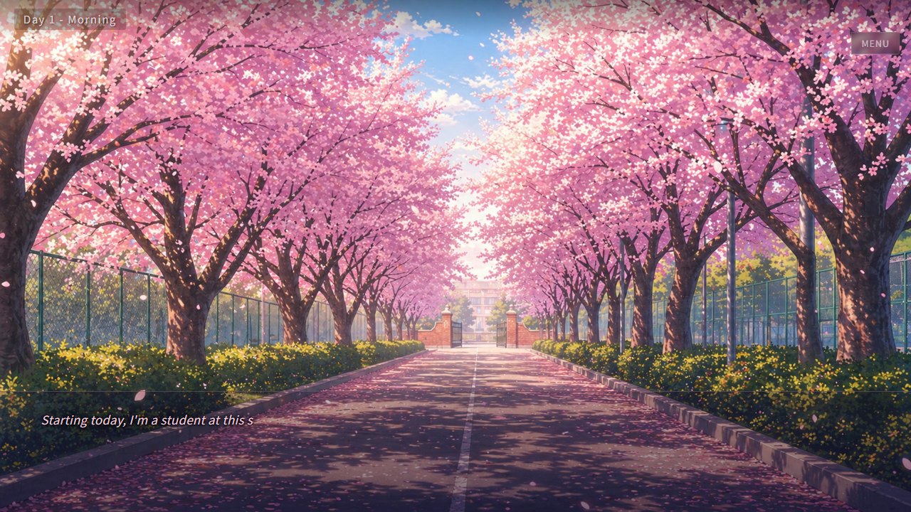 Nevergrad school mystery scene with cherry blossoms and dialogue UI